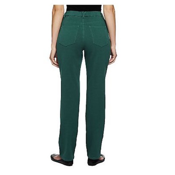 NWT SZ L Quacker Factory Regular DreamJeannes Winter Motif Pants GREEN HOLLY - Picture 3 of 9